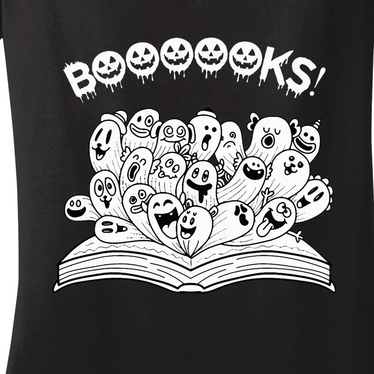 Spooky Teacher Reads Ghostly Halloween Books Women's V-Neck T-Shirt