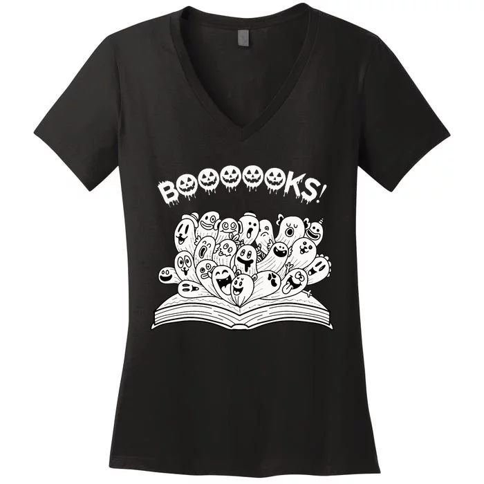 Spooky Teacher Reads Ghostly Halloween Books Women's V-Neck T-Shirt