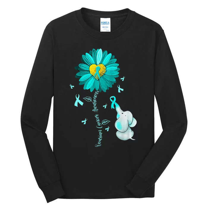 Sunflower Teal Ribbon Elephant Ovarian Cancer Awareness Tall Long Sleeve T-Shirt