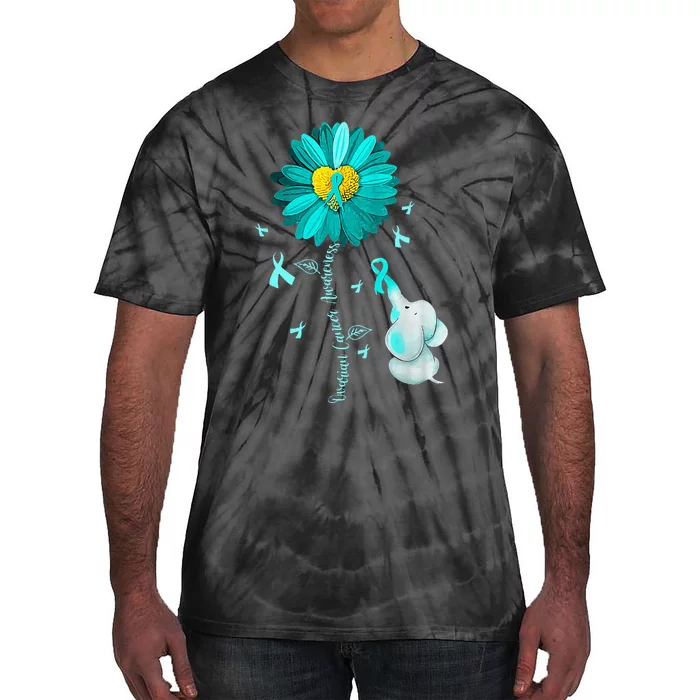 Sunflower Teal Ribbon Elephant Ovarian Cancer Awareness Tie-Dye T-Shirt