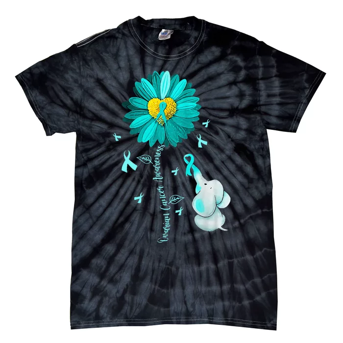 Sunflower Teal Ribbon Elephant Ovarian Cancer Awareness Tie-Dye T-Shirt