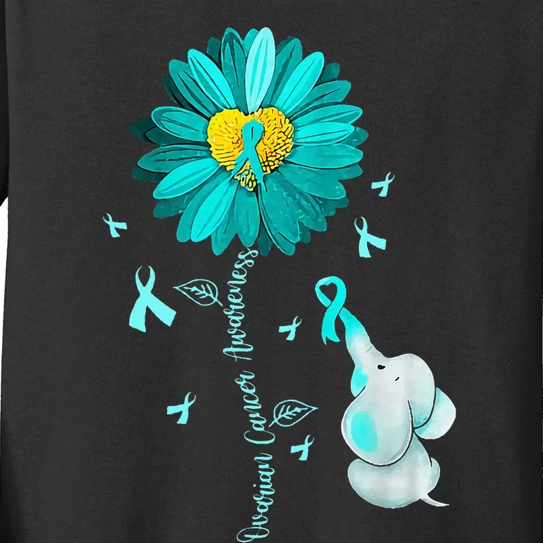 Sunflower Teal Ribbon Elephant Ovarian Cancer Awareness Kids Long Sleeve Shirt