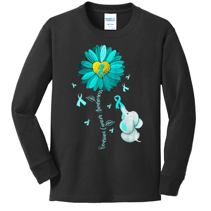 Sunflower Teal Ribbon Elephant Ovarian Cancer Awareness Kids Long Sleeve Shirt