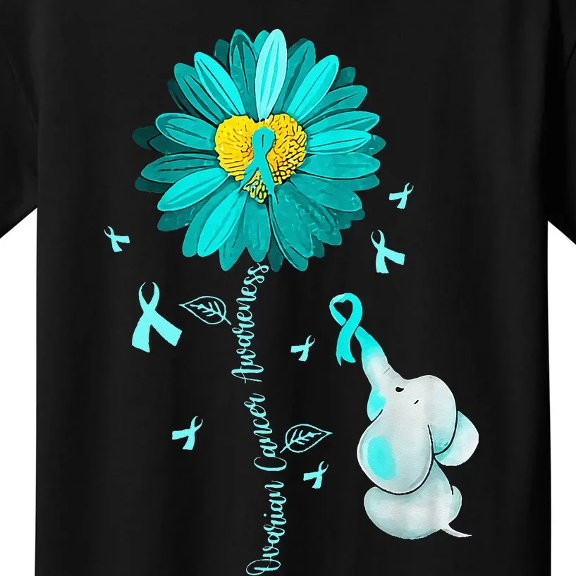 Sunflower Teal Ribbon Elephant Ovarian Cancer Awareness Kids T-Shirt