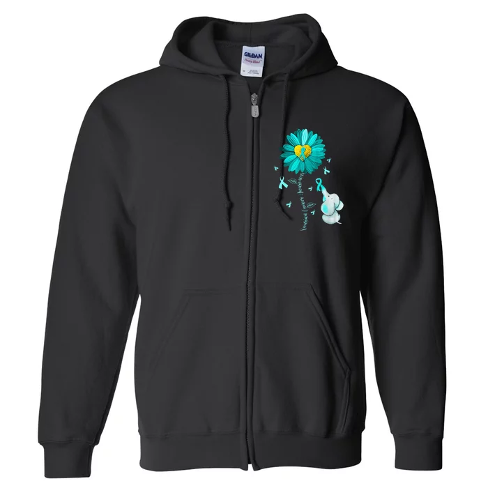 Sunflower Teal Ribbon Elephant Ovarian Cancer Awareness Full Zip Hoodie