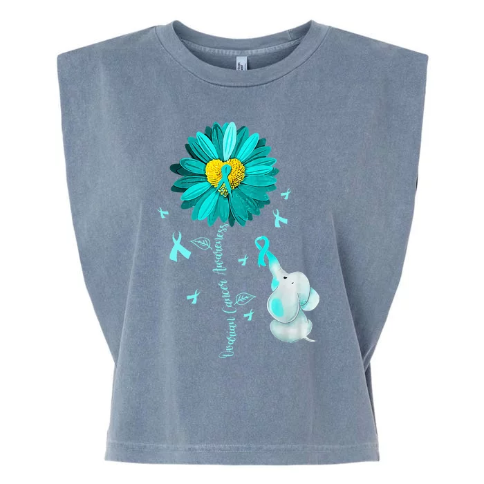 Sunflower Teal Ribbon Elephant Ovarian Cancer Awareness Garment-Dyed Women's Muscle Tee