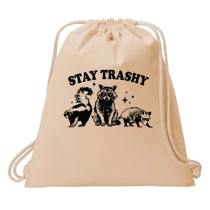 Stay Trashy Retro Funny Racoon Drawstring Bag