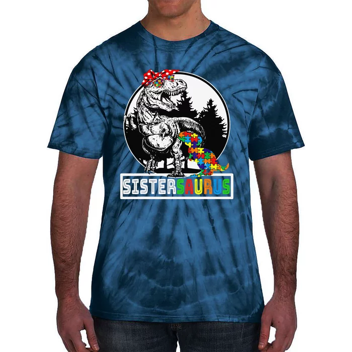 Sistersaurus T Rex Dinosaur Sister Saurus Autism Awareness Tie-Dye T-Shirt