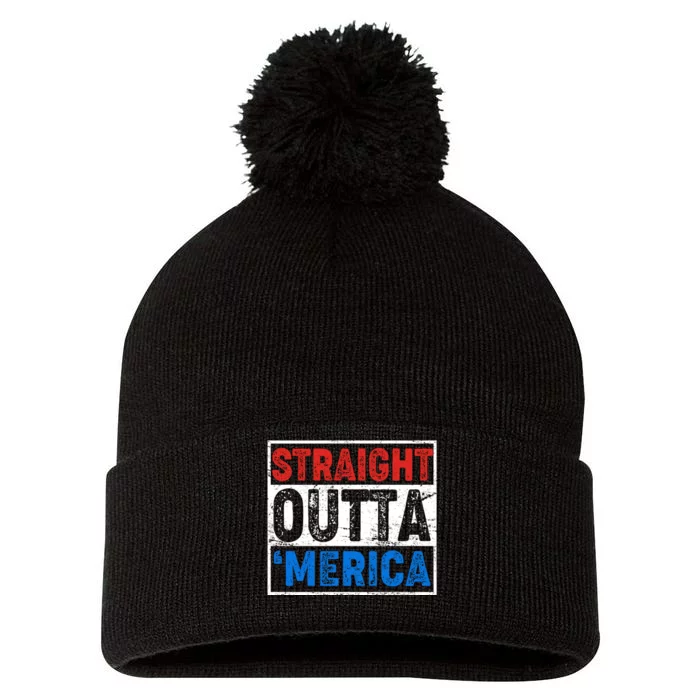 Straight Outta Merica Fourth of July Pom Pom 12in Knit Beanie