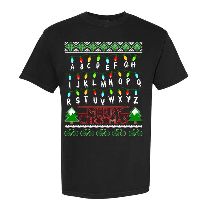 Strange Christmas Lights Alphabet Ugly Christmas Sweater Design Garment-Dyed Heavyweight T-Shirt