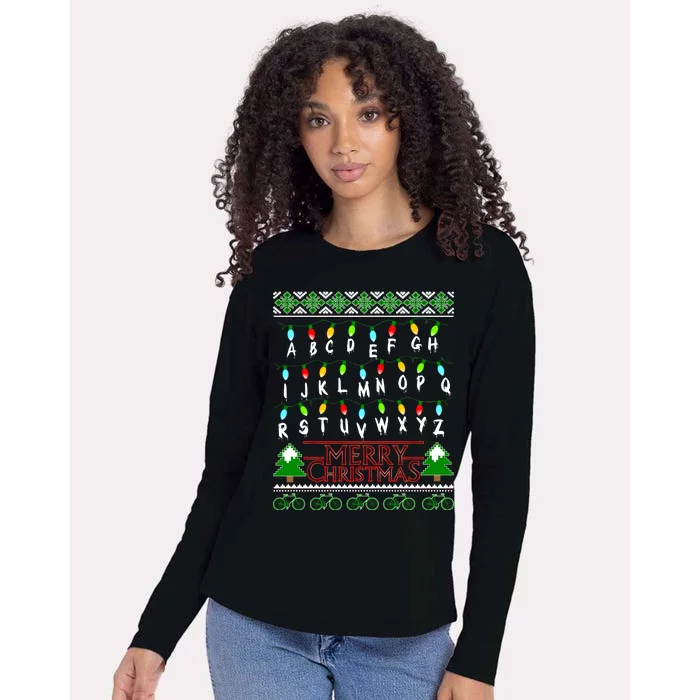 Strange Christmas Lights Alphabet Ugly Christmas Sweater Design Womens Cotton Relaxed Long Sleeve T-Shirt