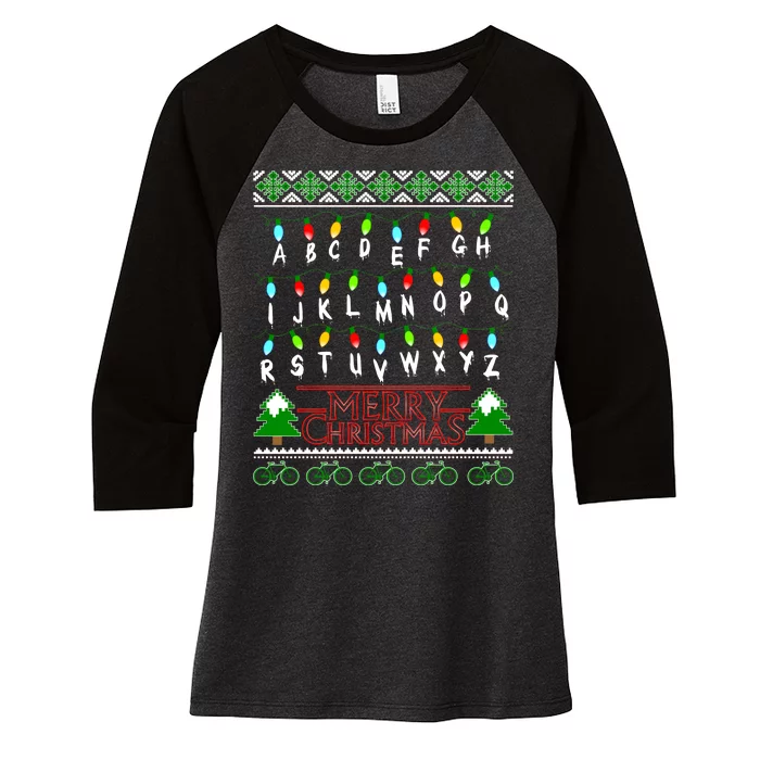 Strange Christmas Lights Alphabet Ugly Christmas Sweater Design Women's Tri-Blend 3/4-Sleeve Raglan Shirt