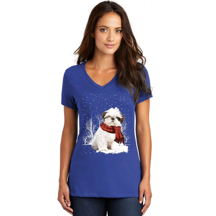 Shih Tzu Snow Scarf Dogs Xmas Christmas Shih Tzu Lover Funny Gift Women's V-Neck T-Shirt