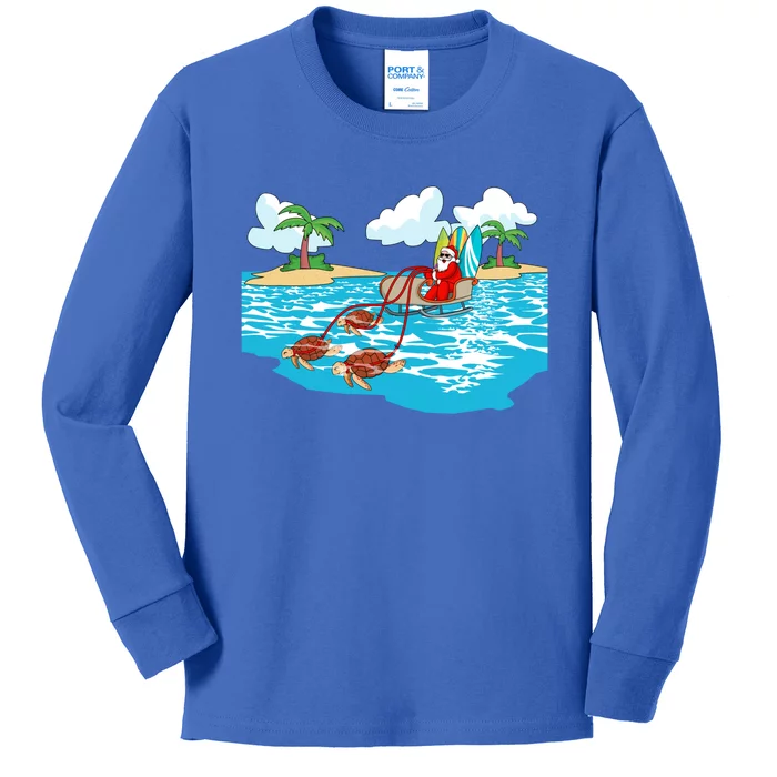 Sea Turtle Sleigh Santa Beach Surfboard Christmas In July Cool Gift Kids Long Sleeve Shirt