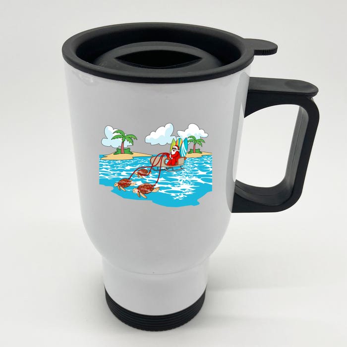 Sea Turtle Sleigh Santa Beach Surfboard Christmas In July Cool Gift Front & Back Stainless Steel Travel Mug