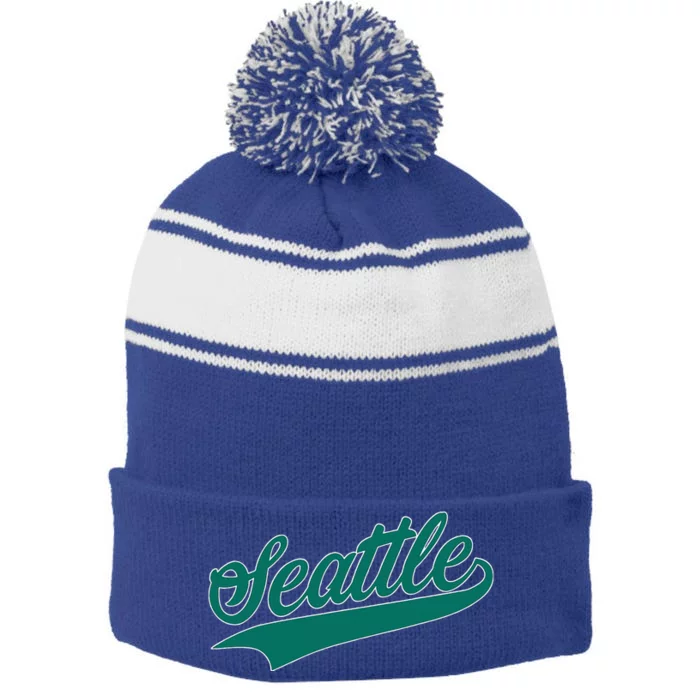 Seattle Text Stripe Pom Pom Beanie