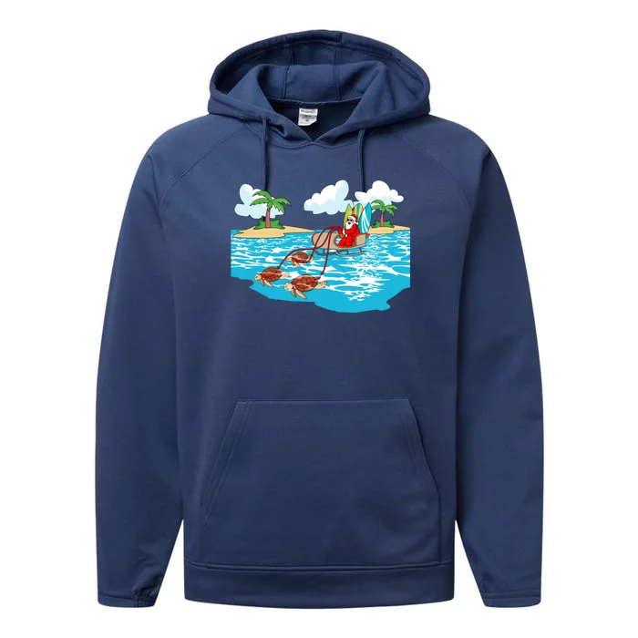 Sea Turtle Sleigh Santa Beach Surfboard Christmas In July Gift Performance Fleece Hoodie