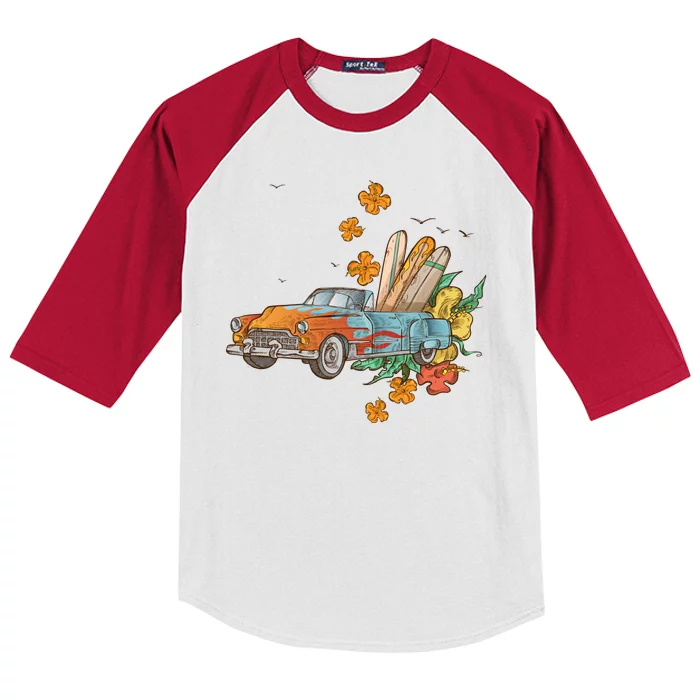 Surfing Tropical Summer Retro Truck Kids Colorblock Raglan Jersey