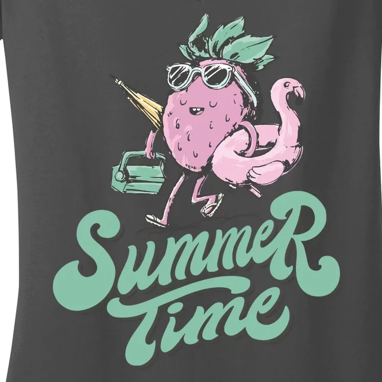 Summer Time Strawberry Retro Beach Women's V-Neck T-Shirt