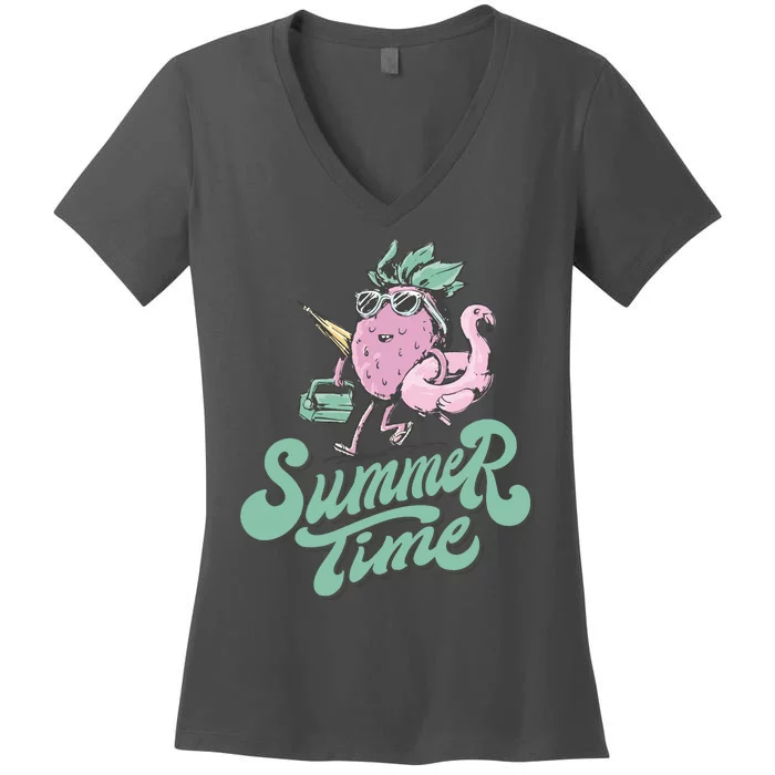 Summer Time Strawberry Retro Beach Women's V-Neck T-Shirt