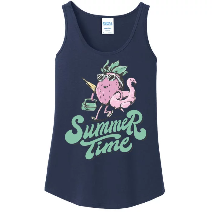 Summer Time Strawberry Retro Beach Ladies Essential Tank