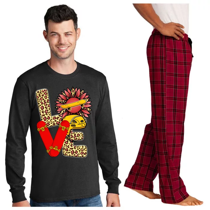 Skateboard T Shirts Love Skating Leopard Sunflower Graphic Plus Size Long Sleeve Pajama Set