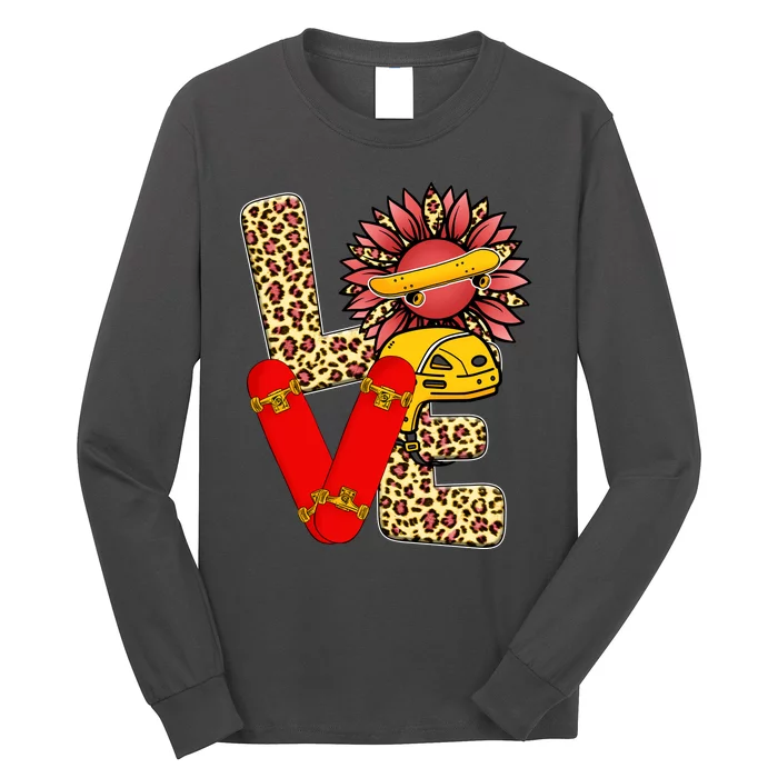 Skateboard T Shirts Love Skating Leopard Sunflower Graphic Plus Size Long Sleeve Shirt