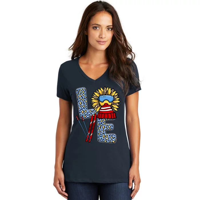 Skiing T Shirts Love Leopard Sunflower Graphic Plus Size Women's V-Neck T-Shirt