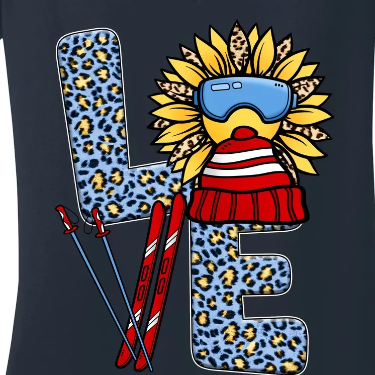 Skiing T Shirts Love Leopard Sunflower Graphic Plus Size Women's V-Neck T-Shirt