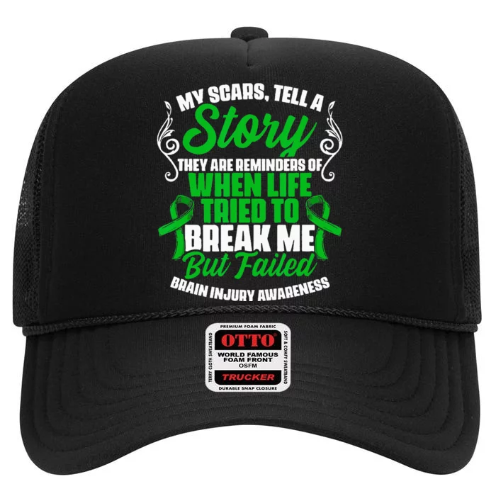 Scars Tell Story Traumatic Brain Injury Support TBI Survivor High Crown Mesh Trucker Hat