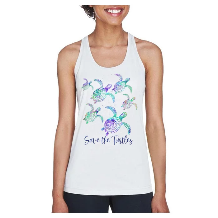 SAVE THE TURTLES Sea Turtle Lover Earth Day Activist Quote Women's Racerback Tank