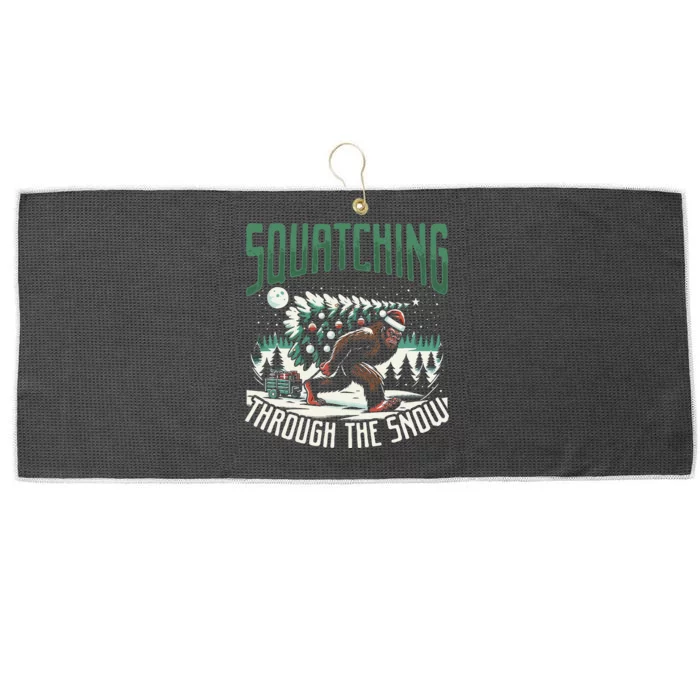 Squatching Through The Snow Bigfoot Carrying Christmas Tree Large Microfiber Waffle Golf Towel