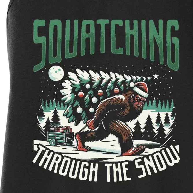 Squatching Through The Snow Bigfoot Carrying Christmas Tree Women's Racerback Tank