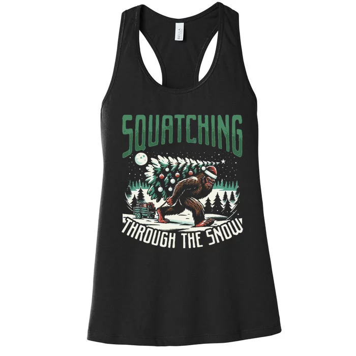 Squatching Through The Snow Bigfoot Carrying Christmas Tree Women's Racerback Tank