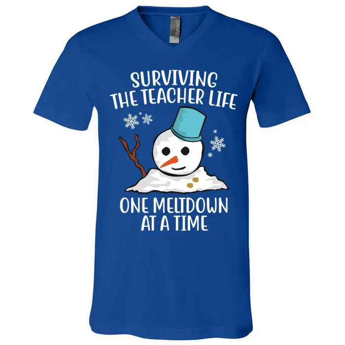 Surviving The Teacher Life One Meltdown At A Time Funny Holiday V-Neck T-Shirt