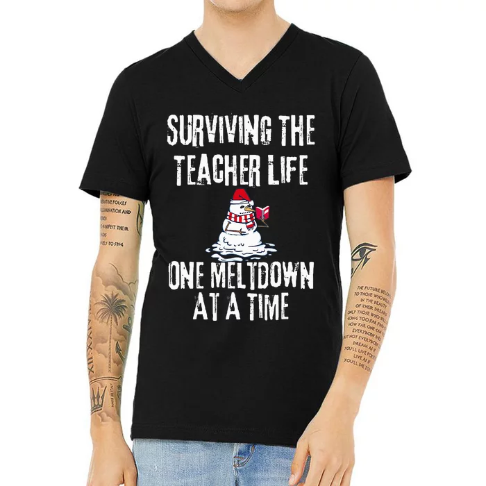 Surviving The Teacher Life One Meltdown At A Time xmas V-Neck T-Shirt