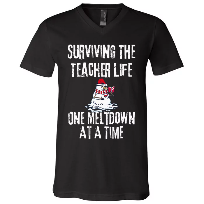 Surviving The Teacher Life One Meltdown At A Time xmas V-Neck T-Shirt