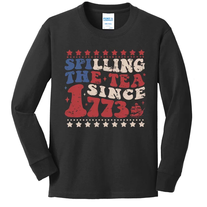 Spilling The Tea Since 1773 Women History Teacher 4th July Kids Long Sleeve Shirt