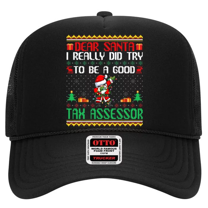 Santa Try To Be A Good Tax Assessor Funny Christmas High Crown Mesh Trucker Hat