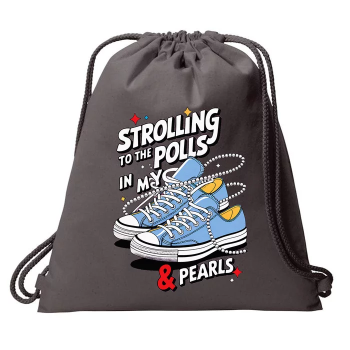 Strolling To The Polls In My Chucks & Pearls Kamala Cat Lady Drawstring Bag