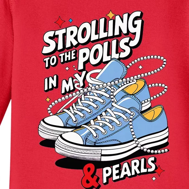 Strolling To The Polls In My Chucks & Pearls Kamala Cat Lady Baby Long Sleeve Bodysuit