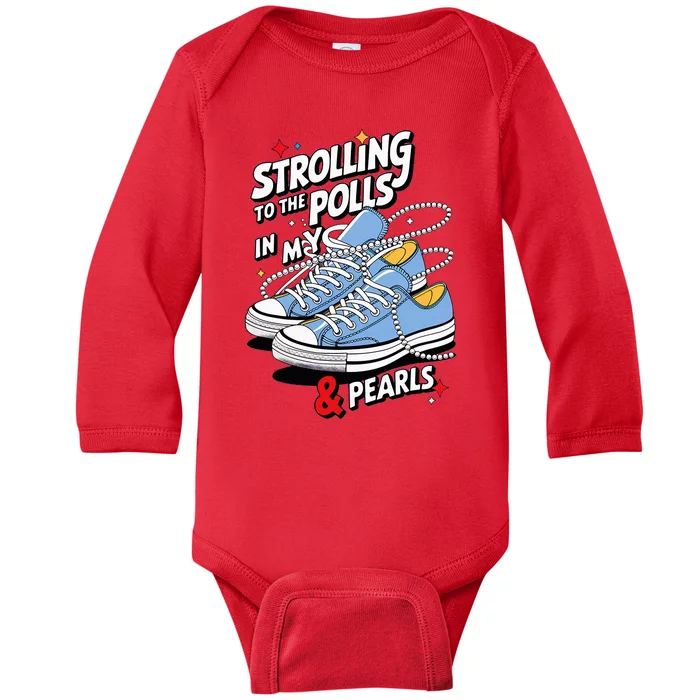 Strolling To The Polls In My Chucks & Pearls Kamala Cat Lady Baby Long Sleeve Bodysuit