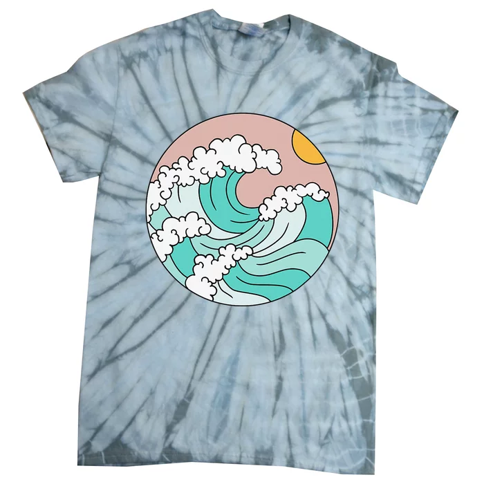 Summer Theme Teal Blue Waves Japanese Graphic Ocean Sky Sun Tie-Dye T-Shirt