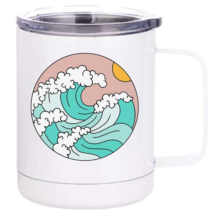 Summer Theme Teal Blue Waves Japanese Graphic Ocean Sky Sun Front & Back 12oz Stainless Steel Tumbler Cup