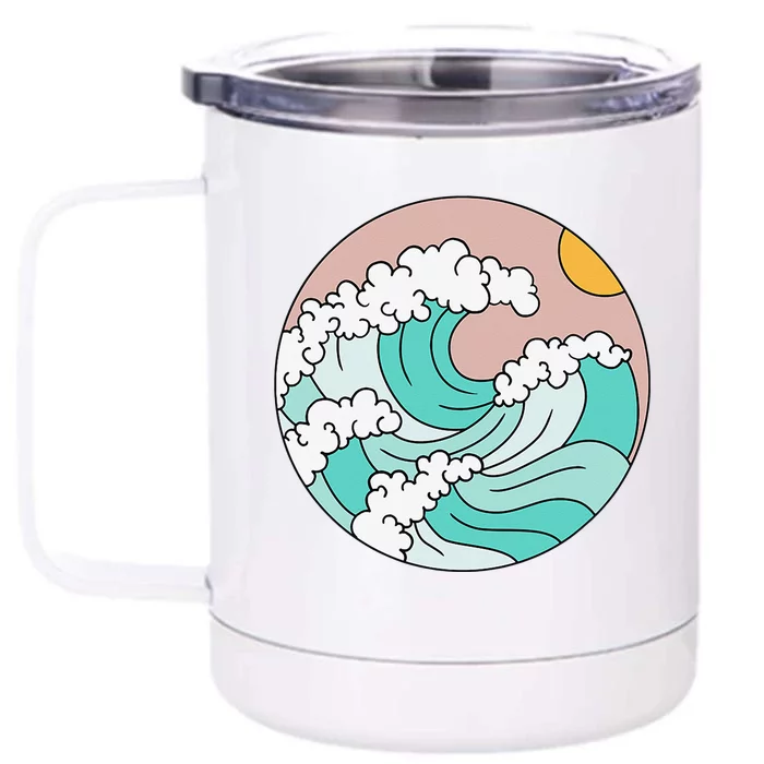 Summer Theme Teal Blue Waves Japanese Graphic Ocean Sky Sun Front & Back 12oz Stainless Steel Tumbler Cup