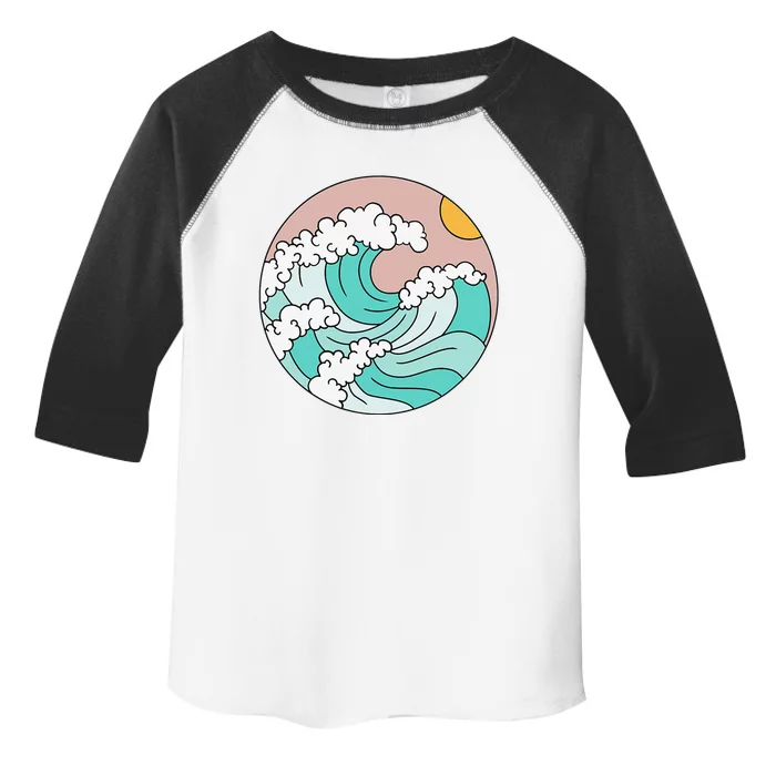 Summer Theme Teal Blue Waves Japanese Graphic Ocean Sky Sun Toddler Fine Jersey T-Shirt