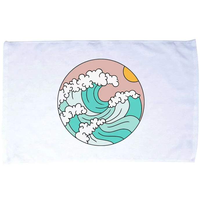 Summer Theme Teal Blue Waves Japanese Graphic Ocean Sky Sun Microfiber Hand Towel