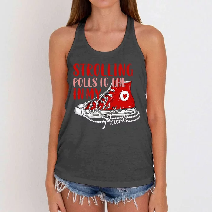 Strolling To The Polls In My Chucks And Pearls Kamala 2024 Women's Knotted Racerback Tank