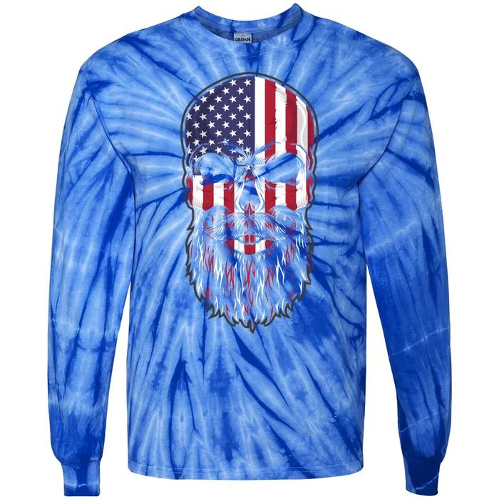 Skull Trucker Usa Flag Patriotic 4th July Skull Beard Gift Tie-Dye Long Sleeve Shirt