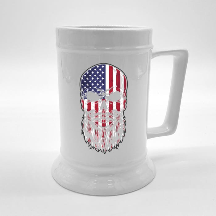 Skull Trucker Usa Flag Patriotic 4th July Skull Beard Gift Front & Back Beer Stein